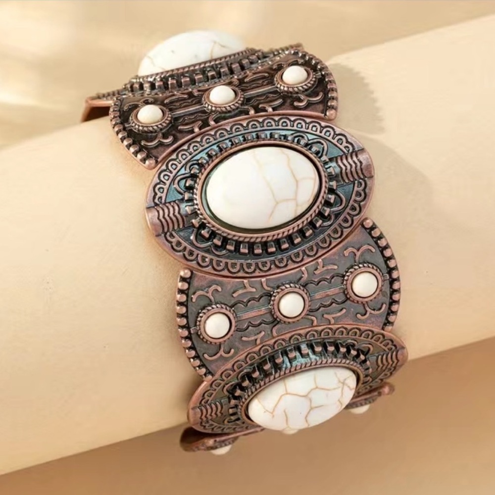 🌵Aztec White Turquoise Stretch Metal Bracelet -Western Cowgirlrl
